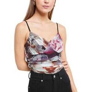 Express Bodysuit‎ Womens XL Black Pink Body Contour Floral Mesh Cami Button Snap